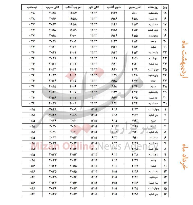 اوقات شرعی ماه مبارک رمضان ۱۴۴۰- شهر اهواز+جدول