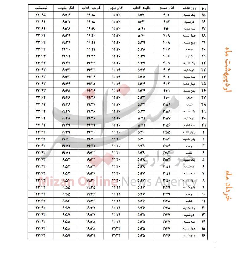 اوقات شرعی ماه مبارک رمضان ۱۴۴۰- شهر بیرجند+جدول اوقات شرعی ماه مبارک رمضان ۱۴۴۰- شهر بیرجند+جدول