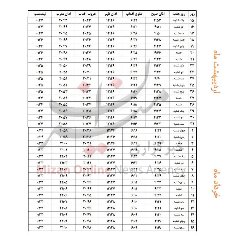 اوقات شرعی ماه مبارک رمضان ۱۴۴۰- شهر ارومیه+جدول اوقات شرعی ماه مبارک رمضان ۱۴۴۰- شهر ارومیه+جدول