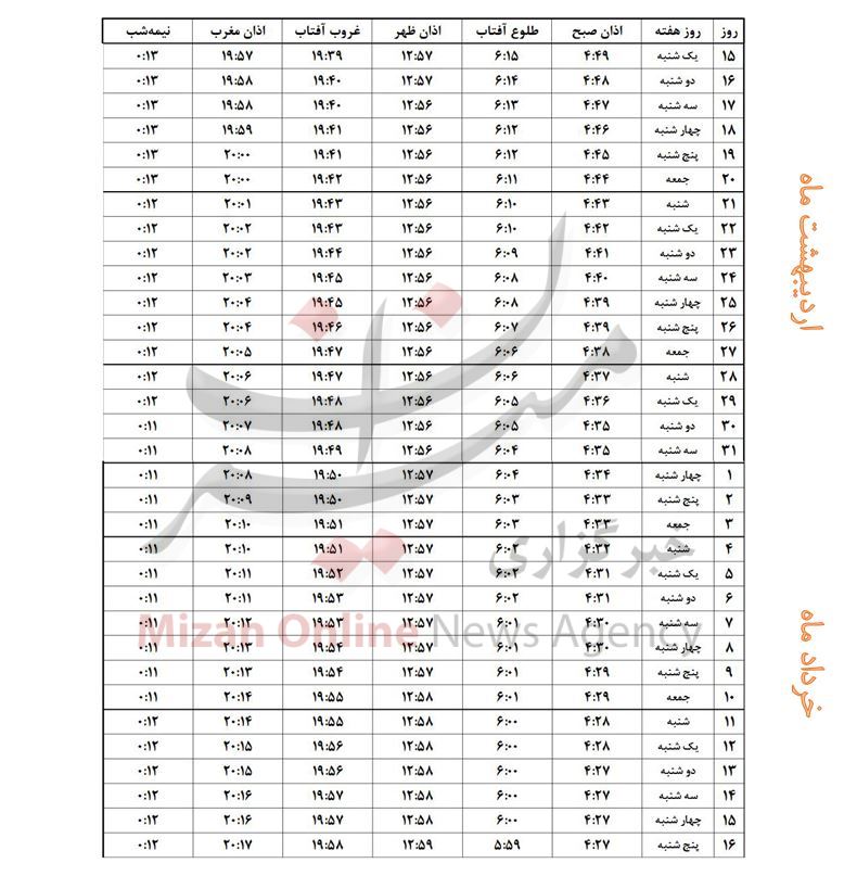 اوقات شرعی ماه مبارک رمضان ۱۴۴۰- شهر شیراز +جدول اوقات شرعی ماه مبارک رمضان ۱۴۴۰- شهر شیراز +جدول