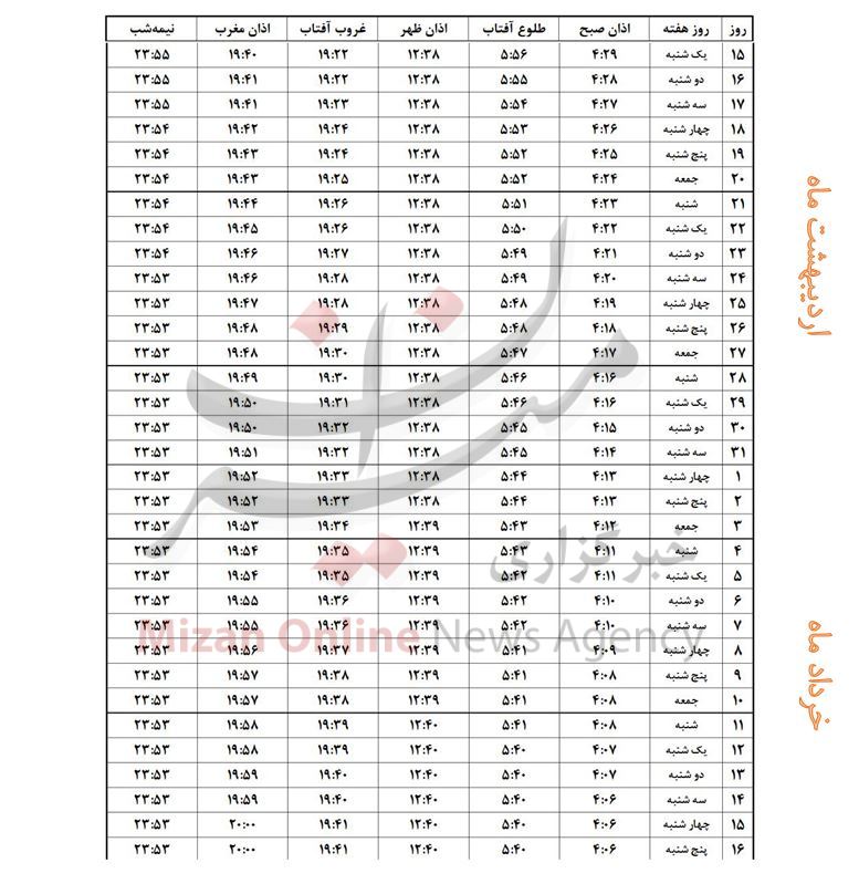اوقات شرعی ماه مبارک رمضان ۱۴۴۰- شهر کرمان +جدول اوقات شرعی ماه مبارک رمضان ۱۴۴۰- شهر کرمان +جدول