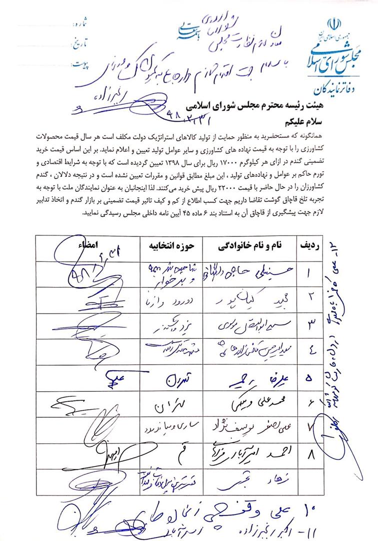 نامه جمعی از نمایندگان مجلس به هیئت رئیسه مجلس درباره جلوگیری از قاچاق گندم +متن نامه