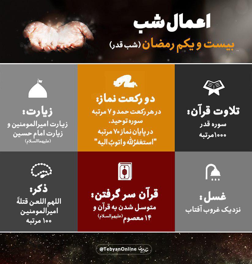 اعمال و آداب مخصوص شب بیست و یکم ماه مبارک رمضان +اینفوگرافی