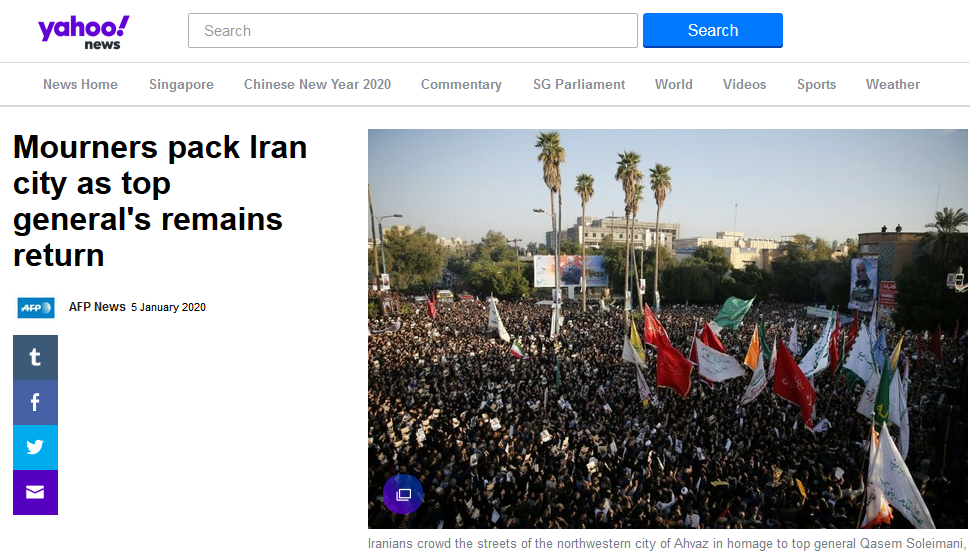بازتاب تشییع شکوهمند پیکر سردار سلیمانی و همرزمانش در رسانههای جهان بازتاب تشییع شکوهمند پیکر سردار سلیمانی و همرزمانش در رسانههای جهان