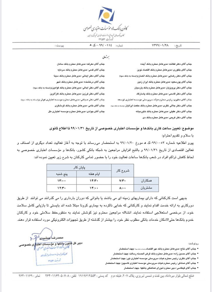 ساعت کار جدید بانک ها خصوصی اعلام شد+ بخشنامه ساعت کار جدید بانک ها خصوصی اعلام شد+ بخشنامه