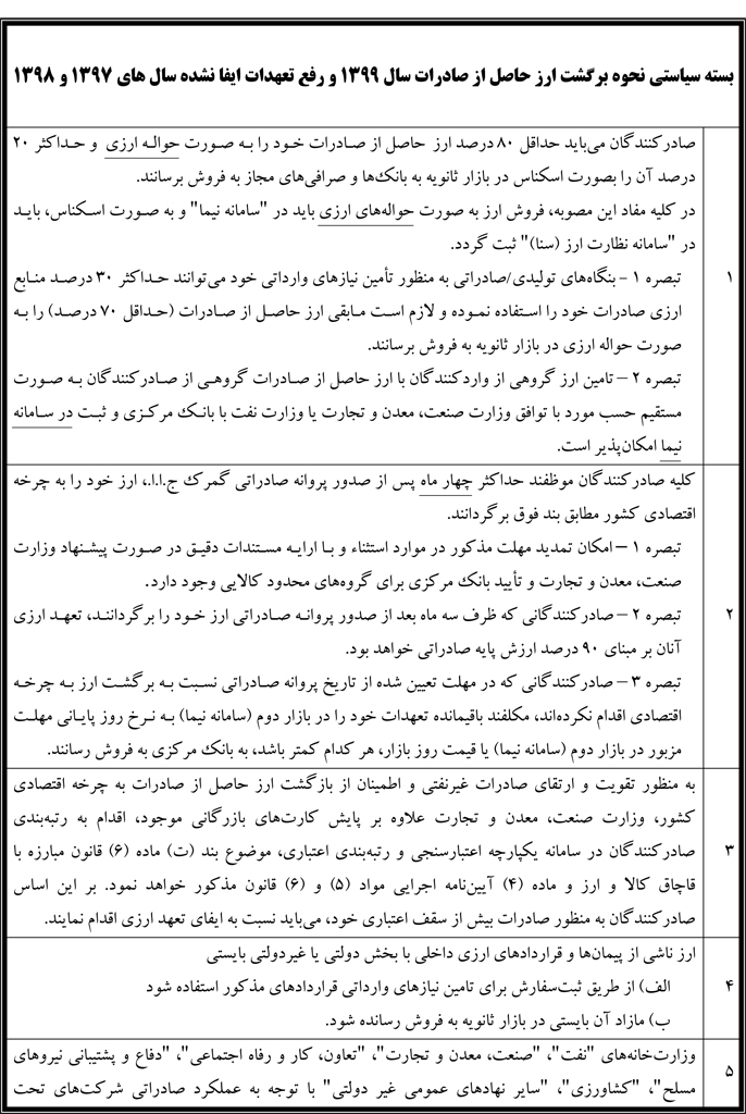 بسته سیاستی نحوه برگشت ارز حاصل از صادرات سال ۱۳۹۹ تصویب شد