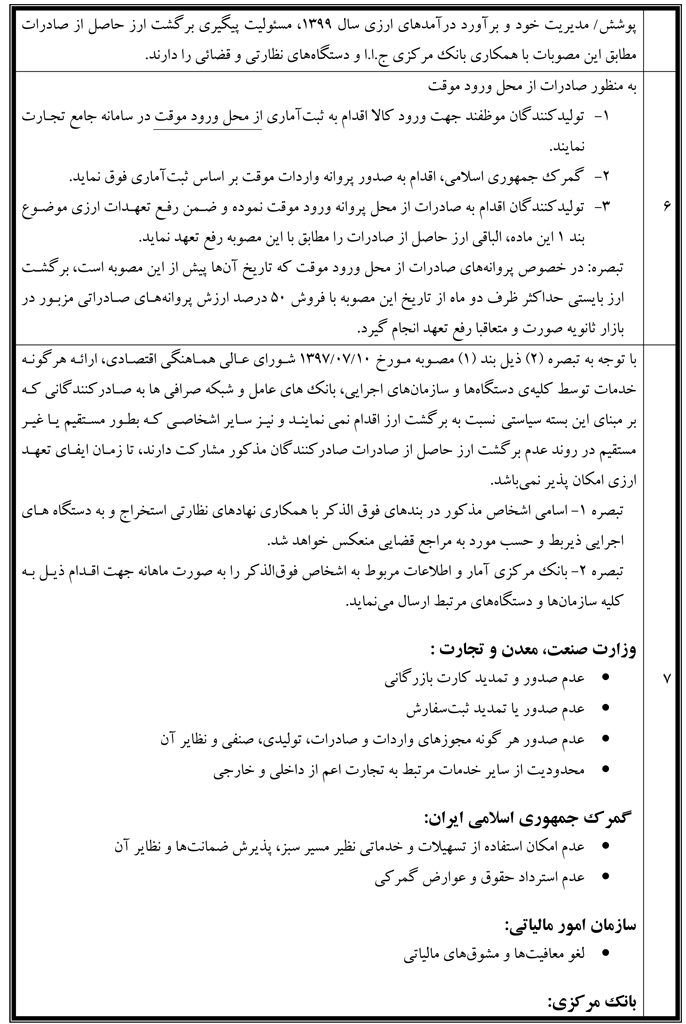 بسته سیاستی نحوه برگشت ارز حاصل از صادرات سال ۱۳۹۹ تصویب شد