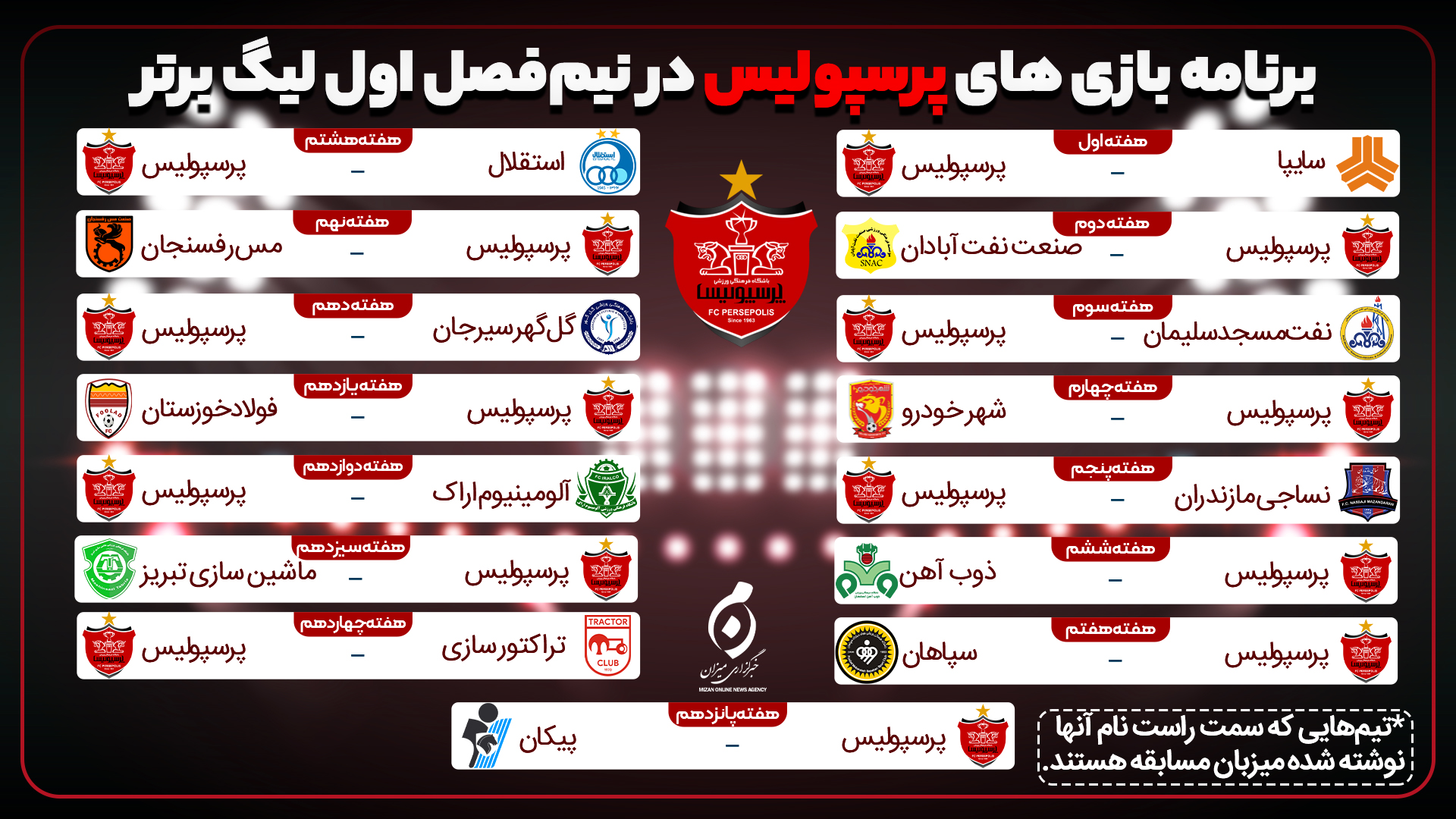 برنامه کامل دیدارهای پرسپولیس در نیمفصل اول لیگ بیستم + اینفوگرافی برنامه کامل دیدارهای پرسپولیس در نیمفصل اول لیگ بیستم + اینفوگرافی