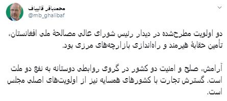 قالیباف: راه‌اندازی بازارچه‌های مرزی از اولویت های ایران و افغانستان