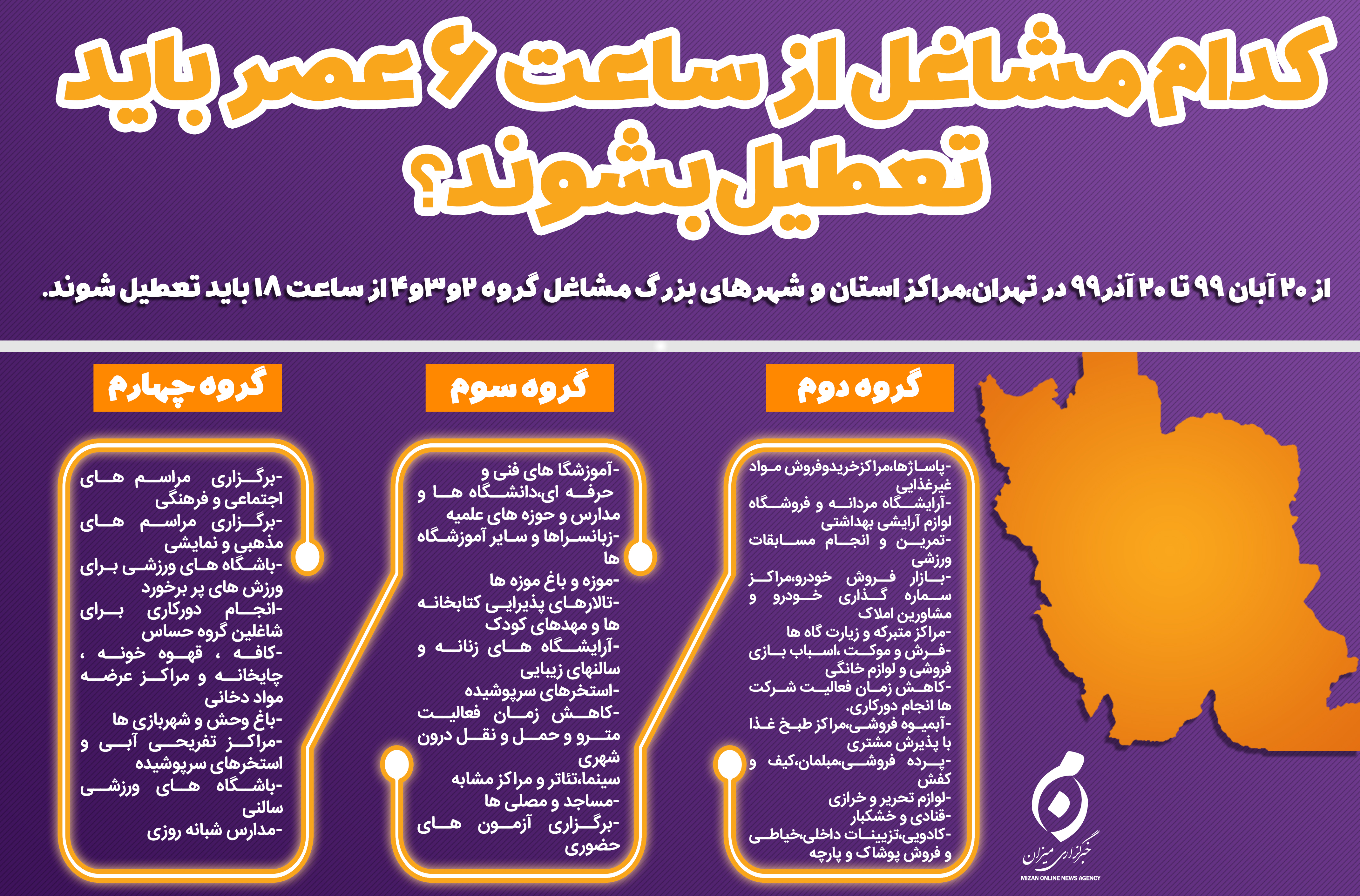 لیست مشاغلی که از ساعت ۱۸ امروز تعطیل هستند لیست مشاغلی که از ساعت ۱۸ امروز تعطیل هستند