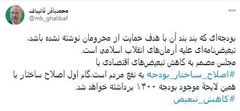 قالیباف: مجلس مصمم به کاهش تبعیض‌های اقتصادی در بودجه است