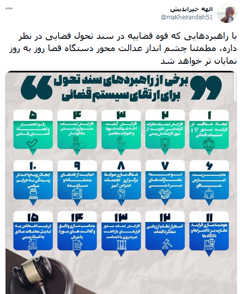 واکنش کاربران شبکه‌های اجتماعی به سند تحول قضایی/ احقاق حقوق شهروندی در گام دوم انقلاب اسلامی