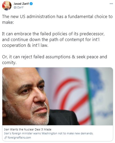 ظریف: دولت جدید ایالات متحده با انتخابی بنیادین روبروست ظریف: دولت جدید ایالات متحده با انتخابی بنیادین روبروست
