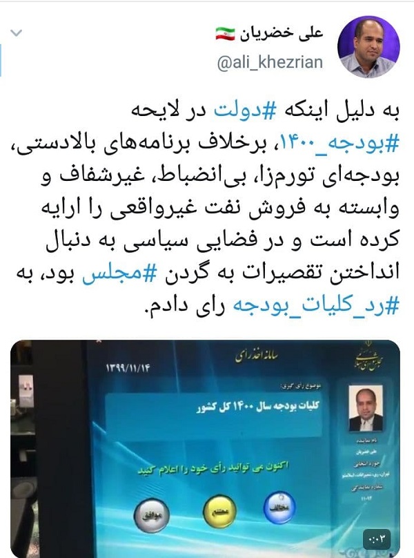 رد کلیات لایحه بودجه ۱۴۰۰ در مجلس + تفکیک آراء و اسامی مخالفان