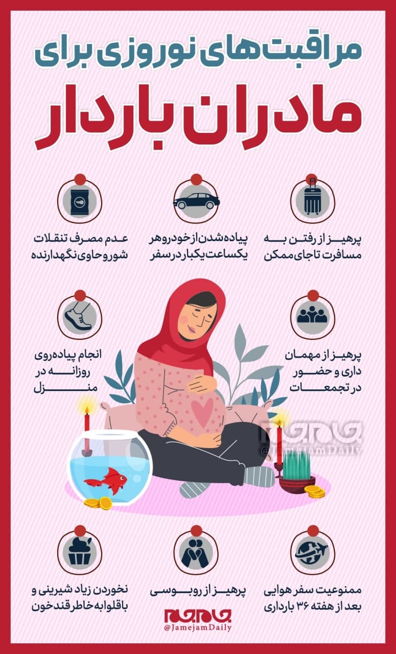نکاتی که مادران باردار در ایام نوروز باید رعایت کنند +اینفوگرافیک نکاتی که مادران باردار در ایام نوروز باید رعایت کنند +اینفوگرافیک