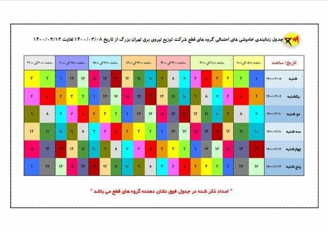 خاموشی‌های احتمالی گروه‌های قطع شرکت توزیع برق تهران بزرگ از ۸ خرداد الی ۱۳ خرداد