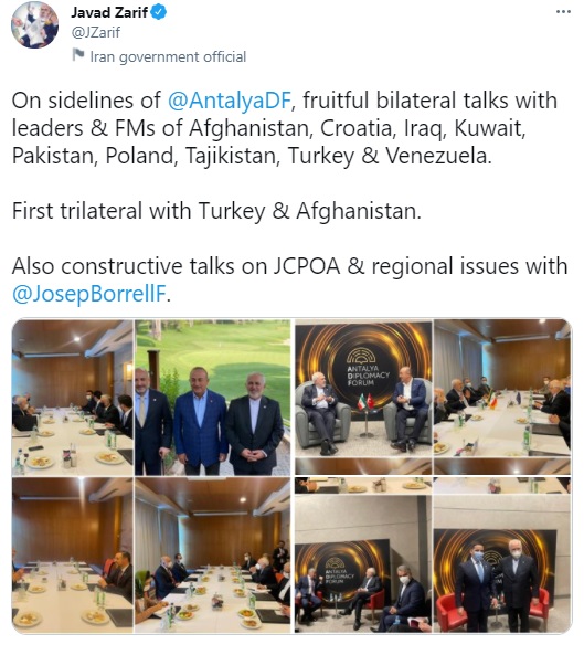 ظریف: در مجمع دیپلماسی آنتالیا گفتگوهای ثمربخشی انجام گرفت ظریف: در مجمع دیپلماسی آنتالیا گفتگوهای ثمربخشی انجام گرفت