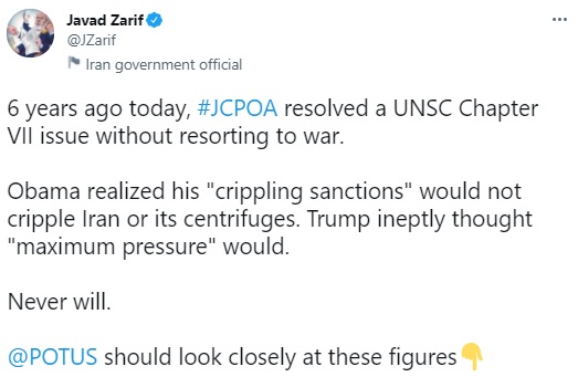 تأکید ظریف بر ناکارآمدی تحریمها در ششمین سالروز برجام تأکید ظریف بر ناکارآمدی تحریمها در ششمین سالروز برجام