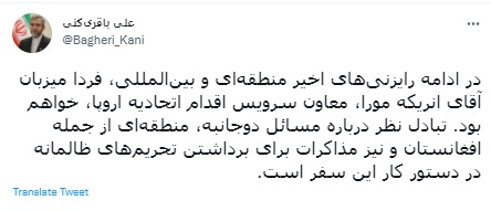 معاون سیاسی وزیر خارجه برنامه‌های سفر مقام اتحادیه اروپا را تشریح کرد
