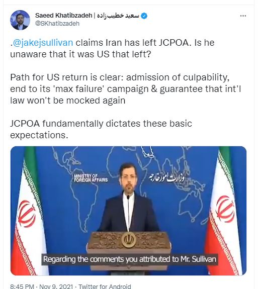 خطیب زاده: پذیرش تقصیر، پایان کارزار «شکست حداکثری» و به سخره گرفته نشدن حقوق بینالملل، مسیر بازگشت امریکا به برجام است خطیب زاده: پذیرش تقصیر، پایان کارزار «شکست حداکثری» و به سخره گرفته نشدن حقوق بینالملل، مسیر بازگشت امریکا به برجام است
