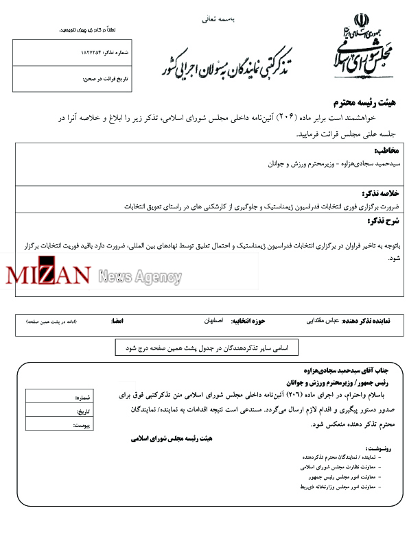 تذکر کتبی نماینده مجلس به وزیر ورزش: انتخابات فدراسیونها مهندسی میشود تذکر کتبی نماینده مجلس به وزیر ورزش: انتخابات فدراسیونها مهندسی میشود