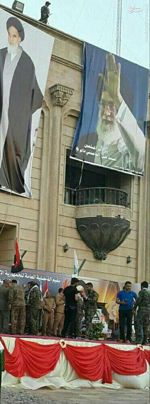 نصب عکس امام و رهبری بر بالکن کاخ صدام + عکس نصب عکس امام و رهبری بر بالکن کاخ صدام + عکس