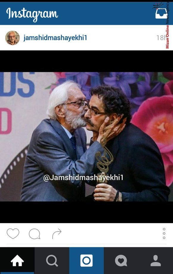 بوسه استاد بر صورت استاد - جمشید مشایخی در تاره ترین پست خود در اینستاگرام نوشت: شهرام ناظري عزيزم، هنرمند با اخلاق و از ديار دلاوران كردستان، خاك پاي همه
