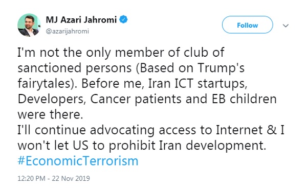 واکنش وزیر ارتباطات به تحریم آمریکا: من تنها عضو باشگاه تحریمیها نیستم واکنش وزیر ارتباطات به تحریم آمریکا: من تنها عضو باشگاه تحریمیها نیستم
