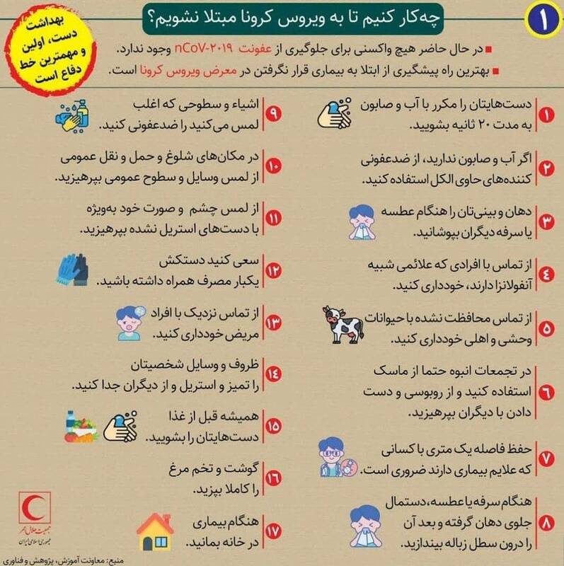 چه کنیم تا به ویروس کرونا مبتلا نشویم؟ +اینفوگرافی چه کنیم تا به ویروس کرونا مبتلا نشویم؟ +اینفوگرافی