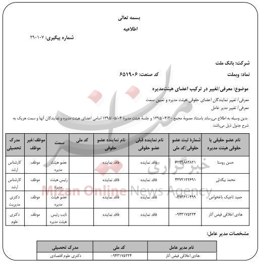 اسامی هیئت مدیره بانک ملت اصلاح شد / رستگار حذف شد اسامی هیئت مدیره بانک ملت اصلاح شد / رستگار حذف شد