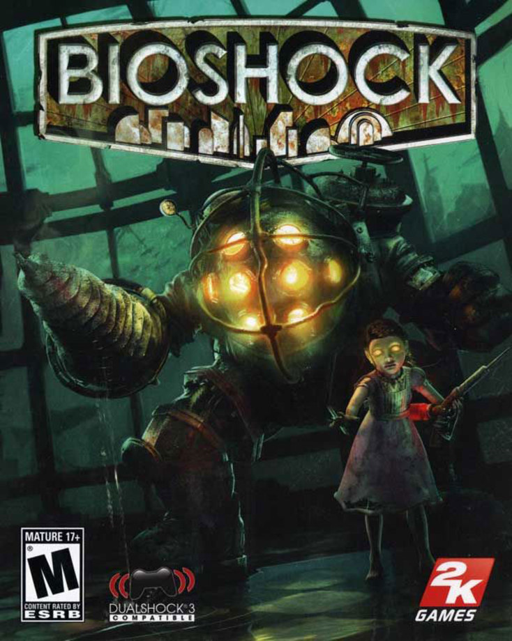 ۲. Bioshock

طرح روی جلد بازی Bioshock اتمسفر بی‌نظیر این بازی را به تصویر می‌کشد. در این جلد یک دختربچه با چشمانی نورانی را می‌بینیم که سُرنگی ترسناک را در دست دارد. در کنار او یک موجود غول‌پیکر با لباس غواصی و یک مته بزرگ در دست دیده می‌شود. این دو که «خواهر کوچولو» و «بابا بزرگه» نام دارند، از جمله مشخصه‌های اصلی Bioshock و شهر زیرآبی «رپچر» هستند و در طول بازی بارها با شما درگیر می‌شوند. یکی از ویژگی‌های برجسته جلد Bioshock مربوط به لوگوی زیبای این بازی است که طراحی بسیار مبتکرانه و هدفمندی دارد.