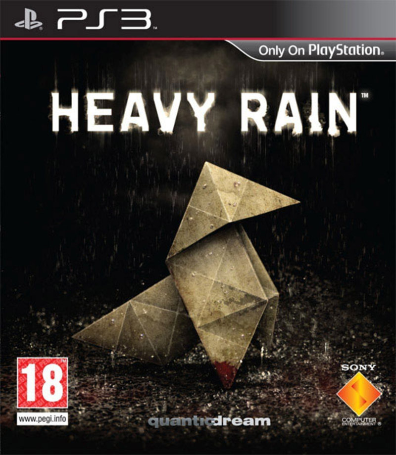 ۱۴. Heavy Rain

بازی Heavy Rain داستان شخصیت‌های مختلفی را روایت می‌کند که به واسطه یک سری قتل‌های زنجیره‌ای به یکدیگر مرتبط می‌شوند. تمام این قتل‌ها را یک نفر مرتکب شده که در رسانه‌ها با لقب «قاتل اوریگامی» شناخته می‌شود. او عادت دارد در کنار تمام مقتولین یک اوریگامی به شکل پرنده (یا اشکال دیگر) بگذارد، اما کسی هدفش از این کار را نمی‌داند. جلد بازی Heavy Rain این اوریگامی را با لکه‌ای خون بر گوشه‌اش و زیر «باران شدید» به نمایش می‌گذارد.