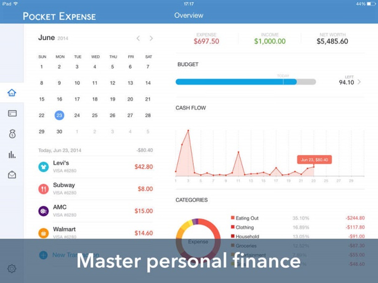 Pocket Expense

اپلیکیشن‌های زیادی برای مدیریت دخل و خرج و هزینه‌های شخصی ایجاد شده‌اند. Pocket Expense در عین سادگی، بسیار قابل تنظیم است و همین امر این اپلیکیشن را به یکی از بهترین‌ها تبدیل کرده است. پس از چند بار استفاده از این برنامه، اپلیکیشن درکی از داده‌ها پیدا می‌کند که با تایپ چند کاراکتر اول، آنها را حدس می‌زند و دیگر نیازی به وارد کردن بقیه‌ کاراکترها نیست. ضمن این که Pocket Expense این قابلیت را دارد تا عملیات پرداختی و دریافتی شما را تحلیل و پیگیری کند.

قیمت: رایگان (نسخه‌ پرمیوم: ۵.۶۸ دلار)

دانلود: iOS