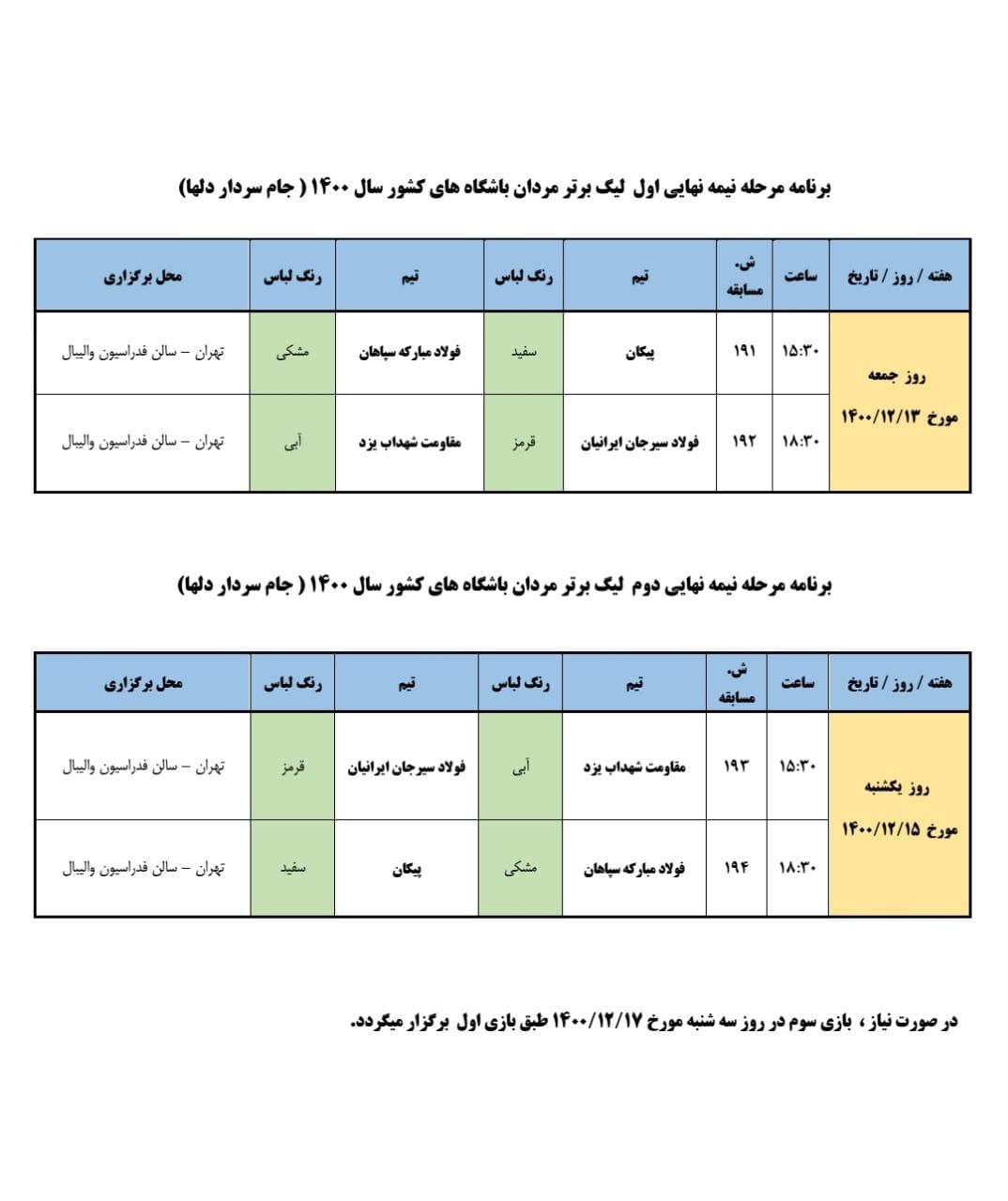 برنامه و ساعت دیدارهای نیمه نهایی لیگ برتر والیبال اعلام شد برنامه و ساعت دیدارهای نیمه نهایی لیگ برتر والیبال اعلام شد